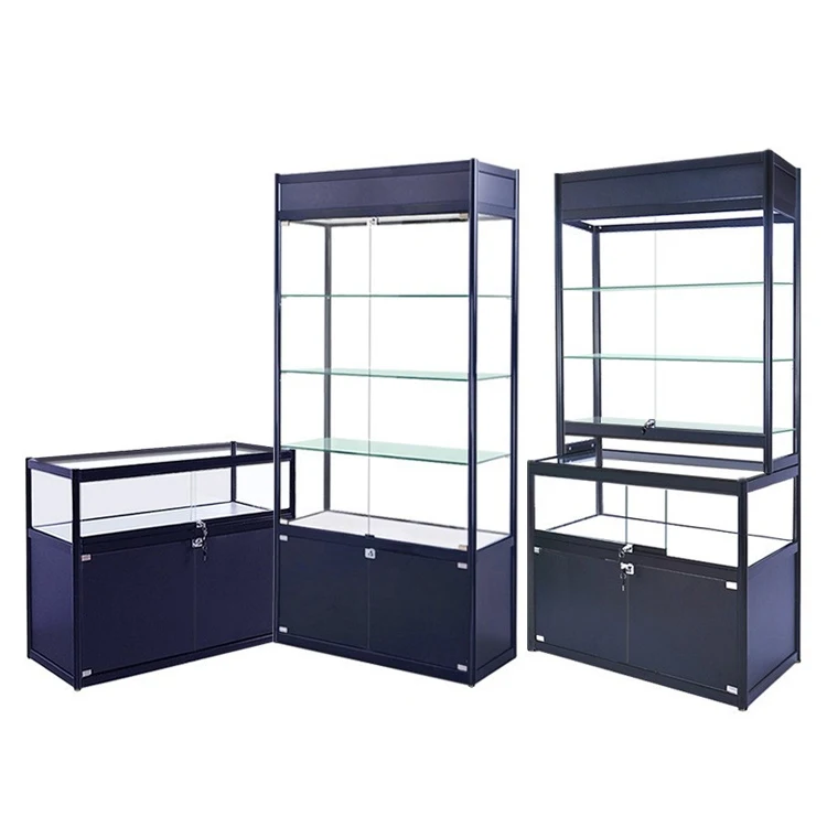 Customized exhibition commercial furniture jewelry display retail LED lighting glass display cabinet