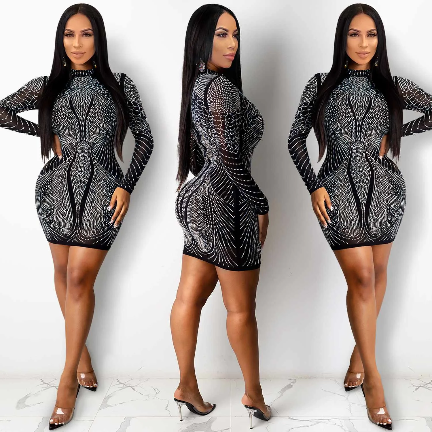 European and American fashion plus size new nightclub style hot rhinestone color diamond women dress short