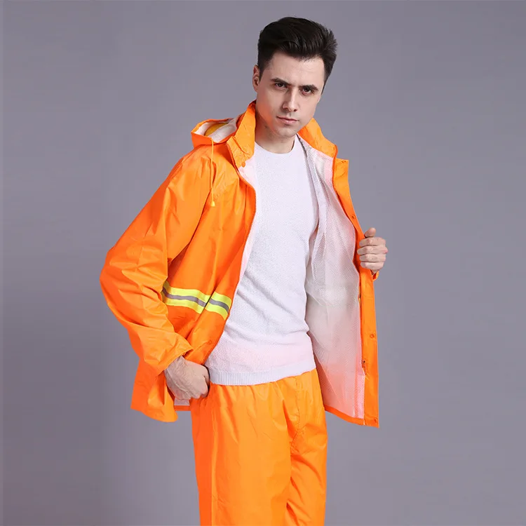 waterproof windproof adult men heavy duty winter work with reflective taps pvc hooded rain jacket and pant