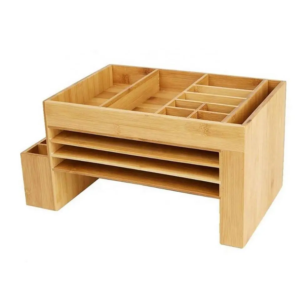 Bamboo Wooden Table Reader Desk File Organizer 16 Compartments Storage Box