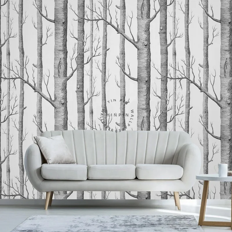 Gray and White Birch Forest Scenery 3d Self Adhesive Wallpaper