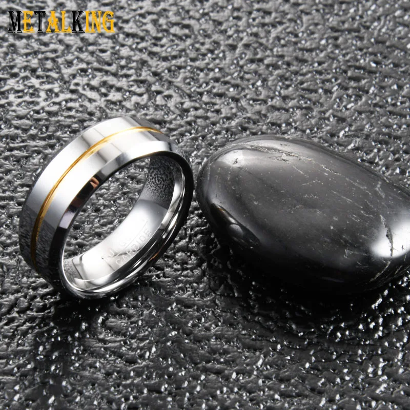 8mm Tungsten Ring High Polished Wedding Band Beveled Edge Thin Line Center Three Colors For Choosing.
