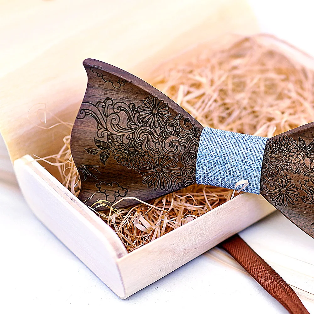 3D Wood Bowtie Handkerchief Cufflinks Sets for Mens Suit Wooden Bow Tie Bowknots Wedding Party Ties Cotton Engraving Cravat