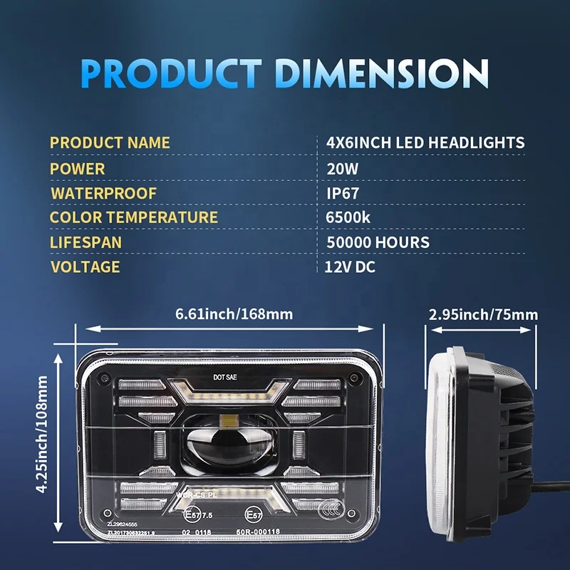 OVOVS DOT Sealed H4651 H4652 H4656 H6545 Projector Rectangular 4x6 Led Headlight For Kenworth Truck