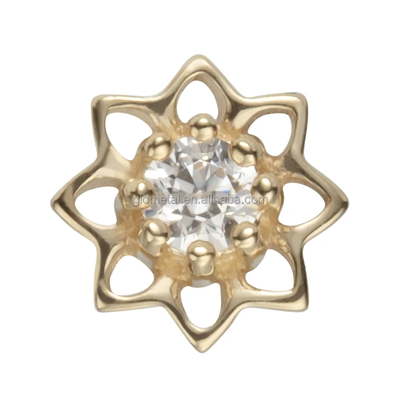 Giometal  Wholesale 14K Solid Yellow Gold Threadless CZ Center Flower Top Ends Tragus Helix Conch Labret Body Piercing Jewelry