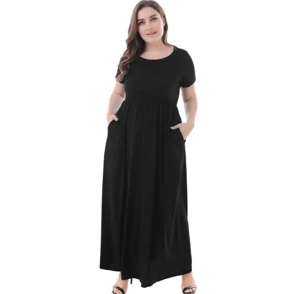 Plus Size Women Summer Sleeved Round Neck Pullover Buttery Soft Floaty Layered Maxi High Waistline Swing Dress With Pockets
