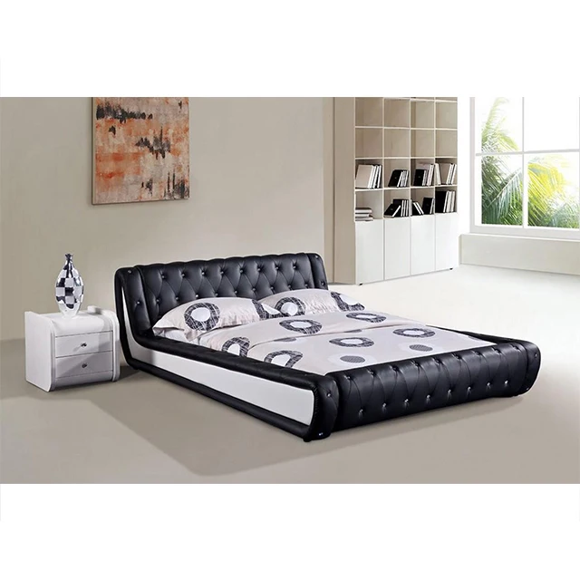 Smart Luxury Upholstered Leather Black Bed Wood Frame King Size Leather Beds