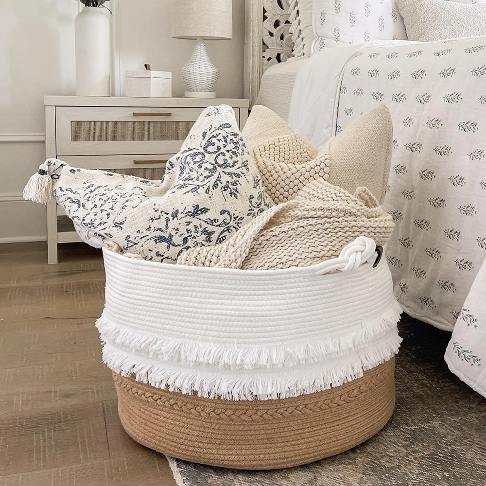 Foldable New Style Large Cotton Rope Woven Laundry Storage Basket With Long Handles