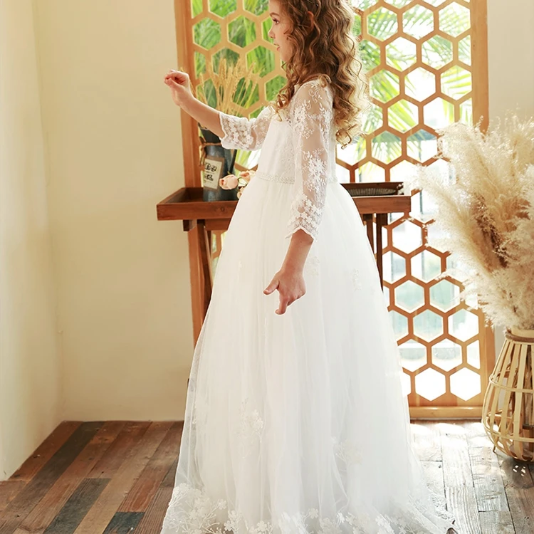 Новый шаблон белого цвета с длинными рукавами детское платье кружевной отделкой для свадебной вечеринки подружки невесты цветочным узором девочек; Для
