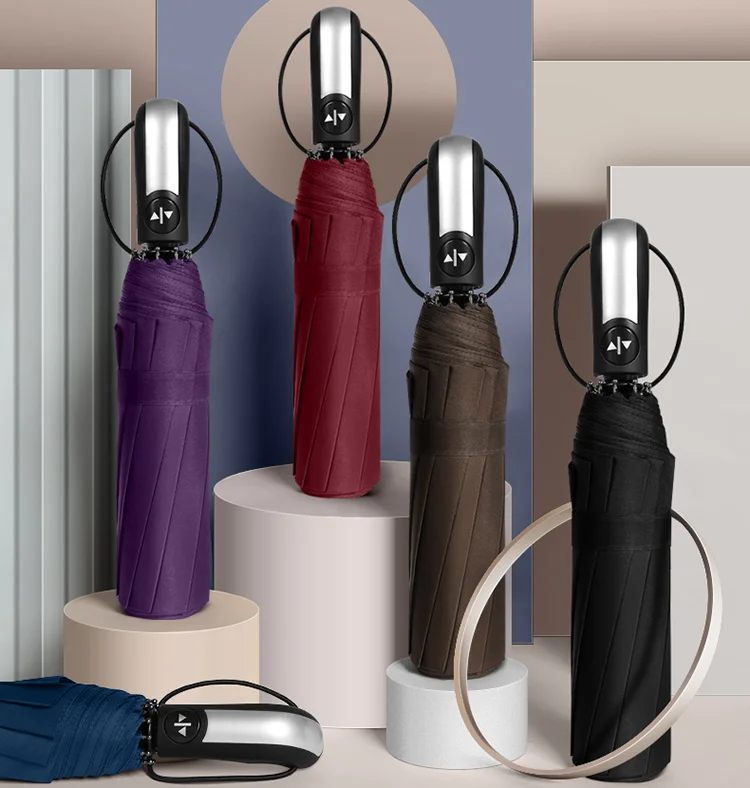 3 Folding Travel Umbrella Black Pongee Waterproof Auto Open and Closed Umbrella