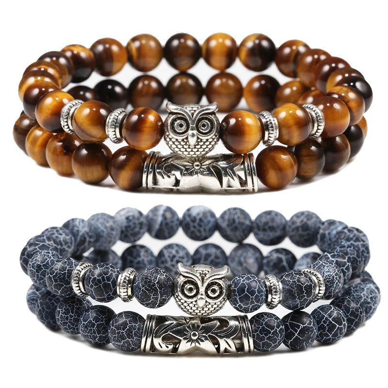 Black Lava Tiger Eye Stone Beads For Bracelet Classic Owl Beaded Crystal Bracelets Healing Natural Charm Bracelet Yoga Jewelry