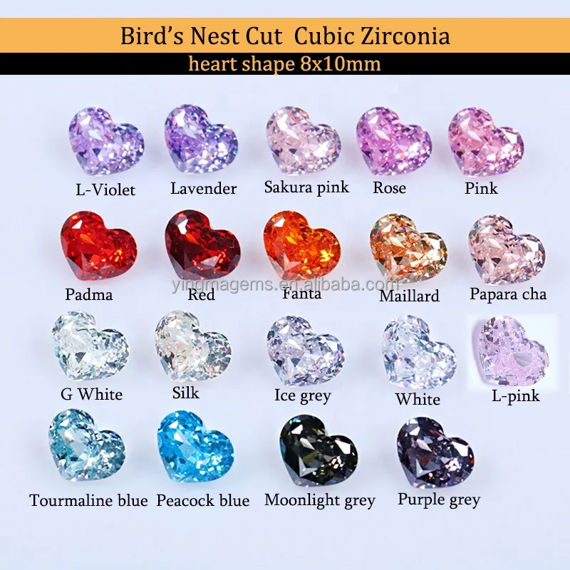 Hot selling cz gemstone birds nest cut heart shape zircon 8*10 mm moonlight grey colour loose cubic zirconia stones