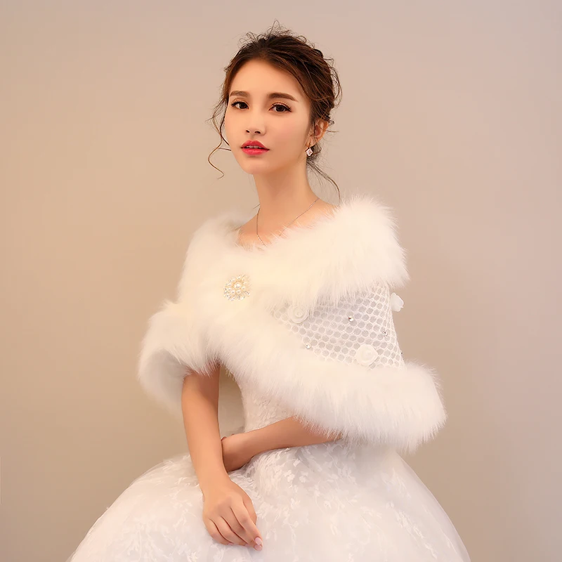 
Wholesale winter hot sale plush collar shawl mesh pearl cloth flower rhinestone bridal shawl 