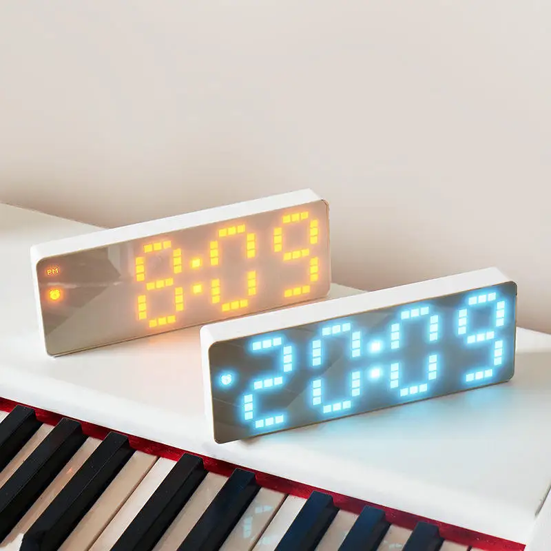 Led Mirror Digital Alarm Clock Voice Control Brightness Adjust Table Clock Temperature Calendar 12/24h Electronic Desktop Clock