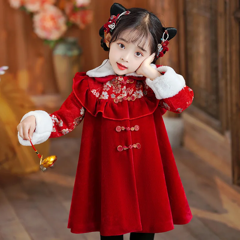 Red girls hanfu winter midi dress chinese style turn down collar princess dress