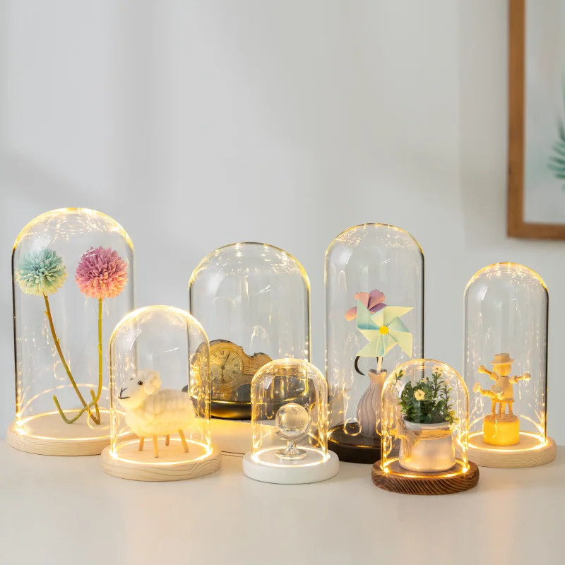 Hot Sell Flower Eternal Rose on the Luminous Display Borosilicate Glass Dome Cloche Candle Bell Jar with Wooden Base