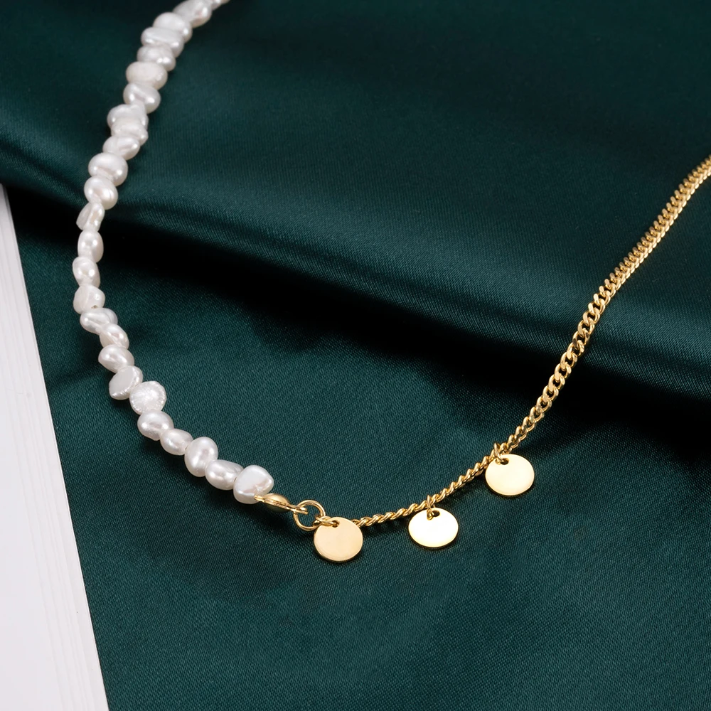 Hot Sale Jewelry 925 Sterling Silver 18k Gold Plated Curb Chain Disc Round Coin Freshwater Pearl Necklace Charm For Women