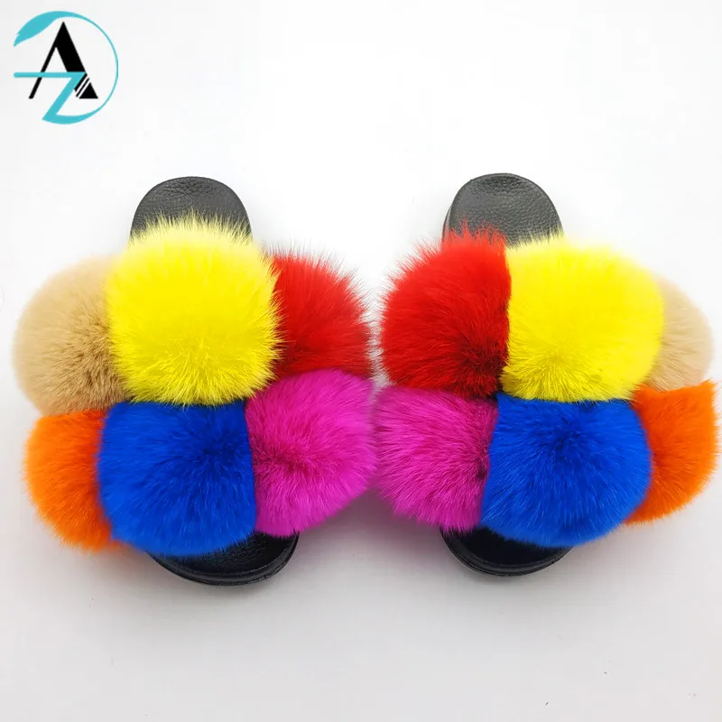 
Custom US Hot Sale PVC Sole Colorful Ratatable Six Balls Women Fur Slides Fluffy Real Fox Fur Slippers 