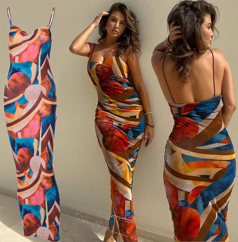 Y207162 Women Fashion Summer Autumn Sleeveless Printed Bodycon Long Pencil Strap Dress Fall Wholesale Clothes Streetwear