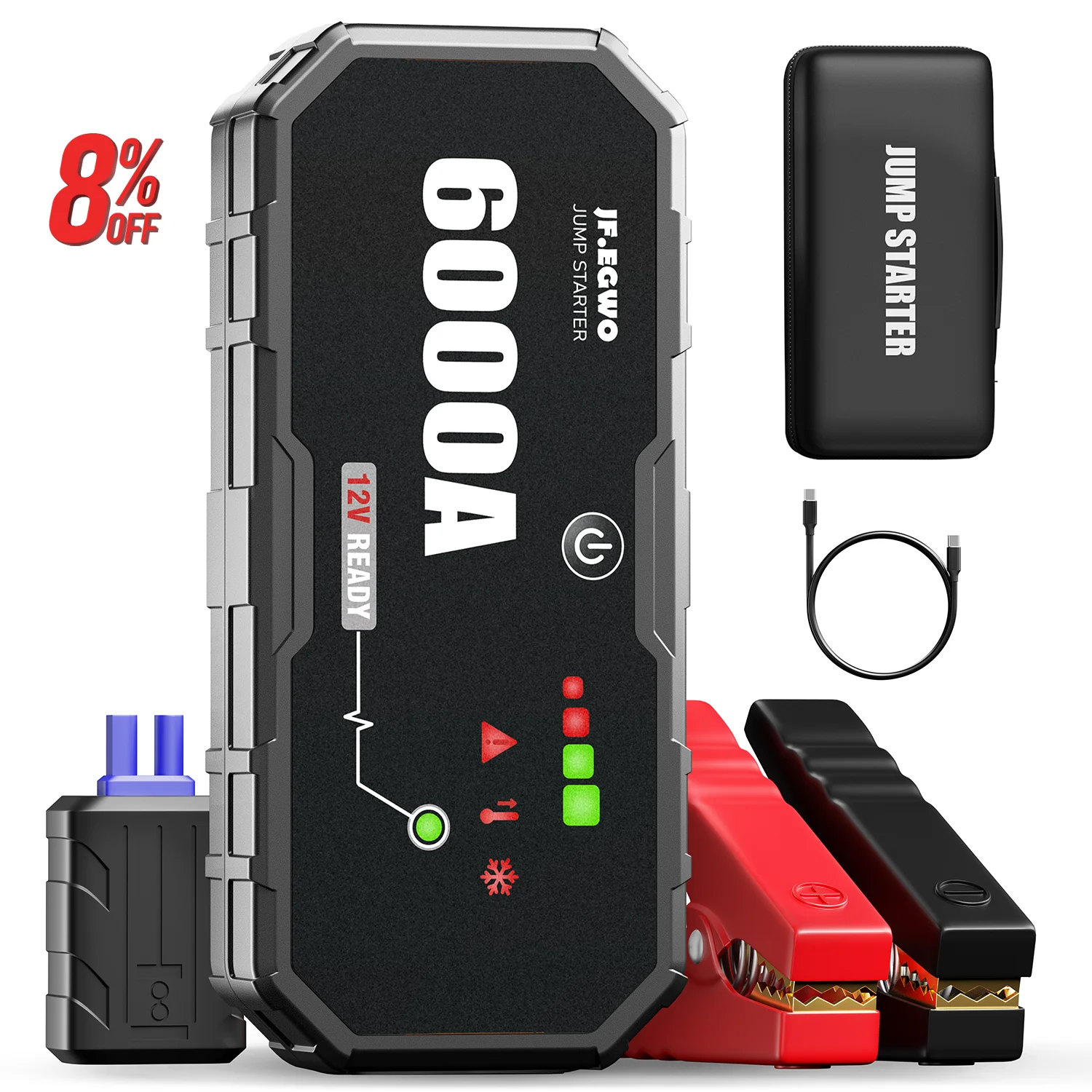 6000 Amp Car Charger Booster Battery 4 Cells Lithium Jumper Pack 22000 mAh Portable Jump Starter Start All Kinds of 12V Vehicle