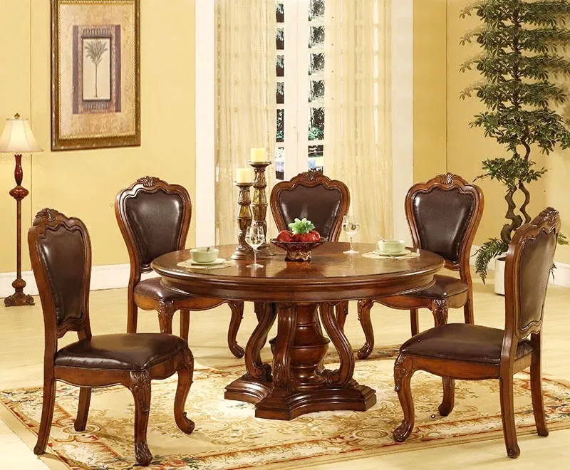 Новый дизайн под заказ, наборы мебели, китайский круглый стол и кожаные стулья, деревянный обеденный стол и стулья