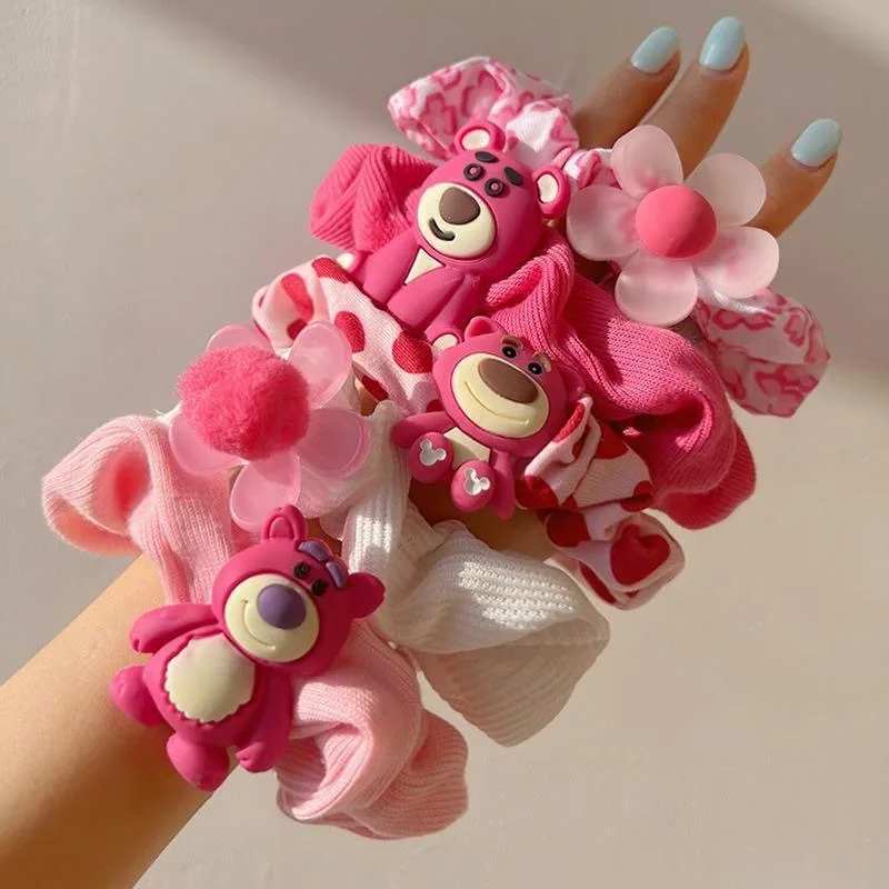 YT NEW Sweet Kids Cute Bear Large Scrunchie Spring New Sakura Pink Cartoon Elastic Hair Band Girl Flower Hair Rope