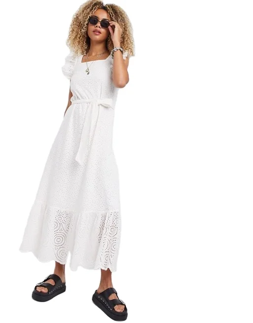 KY Frill Trim Tie Waist Ruffle Hem Maxi Dress with Square Neck and Puff Sleeves Mother of The Bride Dresses White bohemian dress
