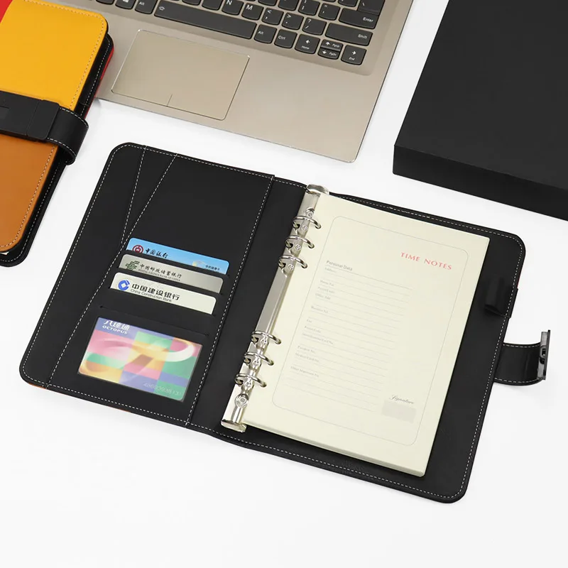 Custom Logo A5 Loose Leaf Pu Leather fingerprint Lock notebook Hard Cover 6 Binder Diary Notebook with fingerprint lock