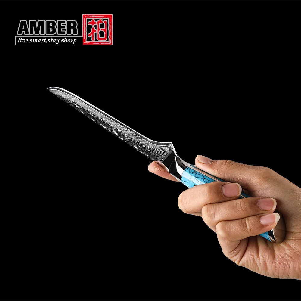 6 inch Ultra sharp damascus knife 67 layer boning knife with pine resin handle with blue turquoise Handle