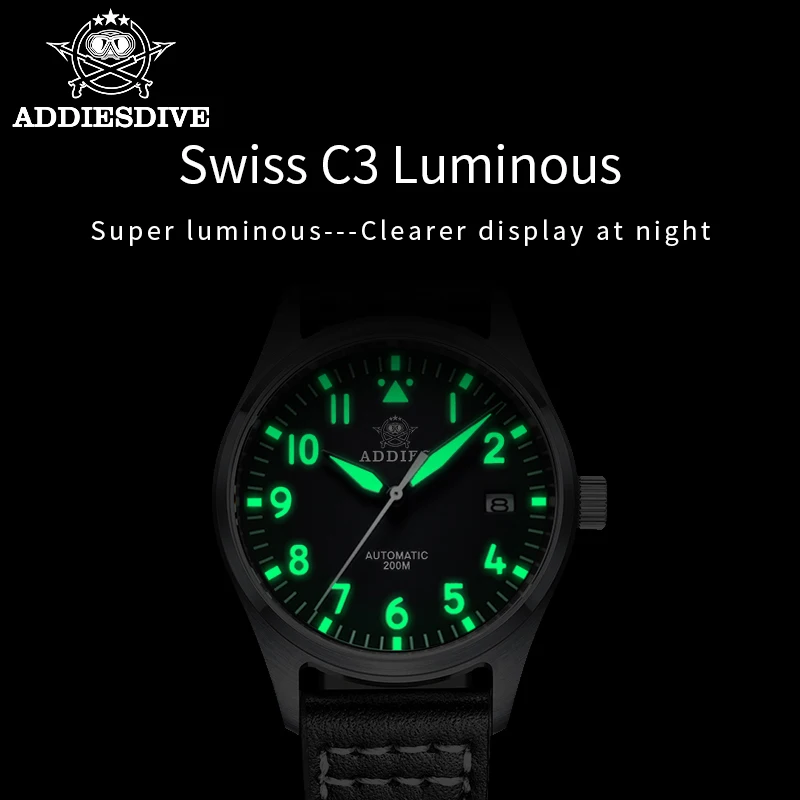 Мужские светящиеся автоматические часы ADDIESDIVE H2 для дайвинга и дайвинга из стали 316 с механическими часами-пилотами NH35