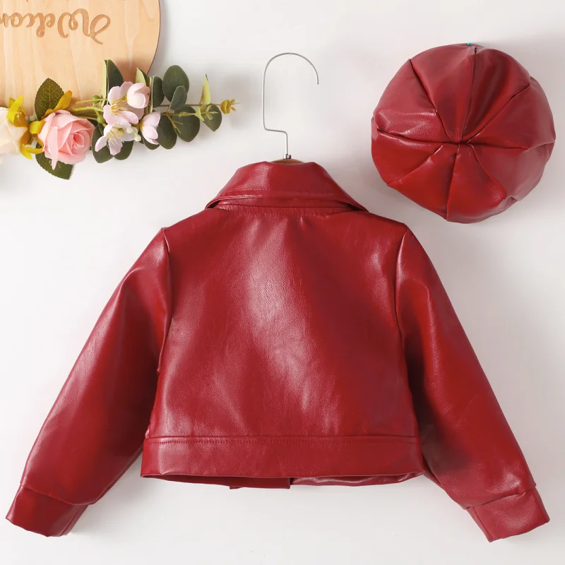 Fashion 2-7 Years Toddler Girls 2pcs Leather Jacket Hat PU Motorcycle Outerwear Ruffle Zipper Coat