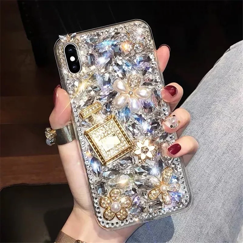 Fashion Bling Glitter Diamond Rhinestone Phone Cases For iphone 14 13 Pro Max Perfume Bottle Flower Gemstone Soft TPU Back Cover
