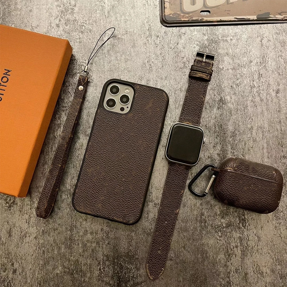 Fashion Brand Leather Luxury phone case for phone12 11 xsmax xr 7 8plus cover and for airpod case +watch bands a set of