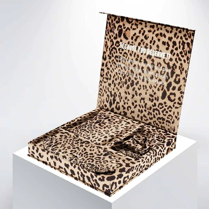 Custom leopard print logo silk pillowcase with gift box silk eye mask scrunchie and silk pillow case set