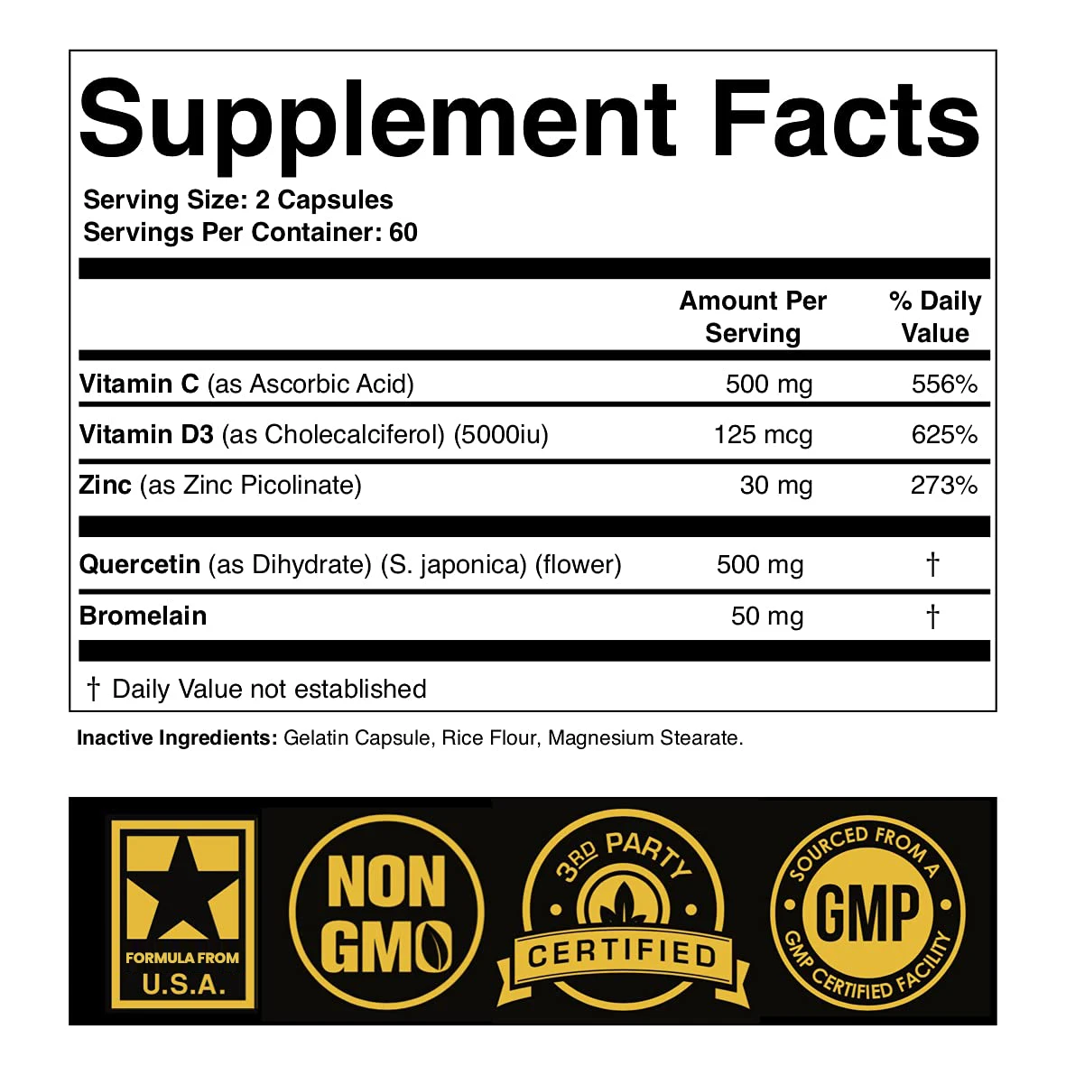 OEM Zinc Quercetin 500mg with Vitamin C Vitamin D3 Bromelain Immune Support High Potency Zinc Quercetin Capsules
