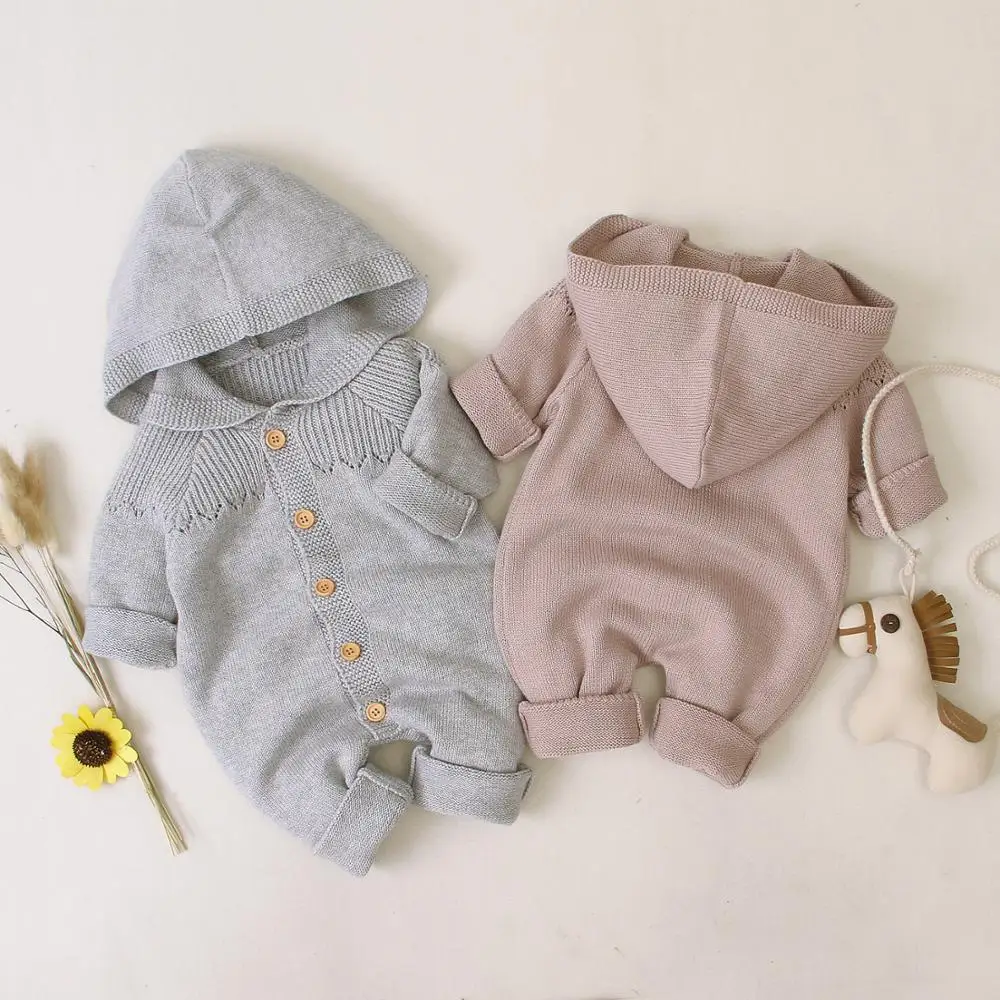 Newborn infant knit onesie clothing toddler crochet jumpsuit cotton hooded baby romper