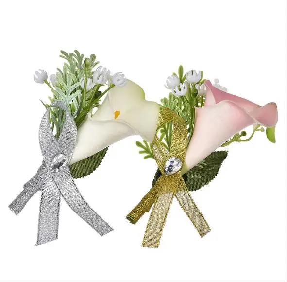 New Design Artificial PU Calla Lily Wedding Corsage Boutonniere Men Flower Bride and Bridesmaid Brooch For Wedding