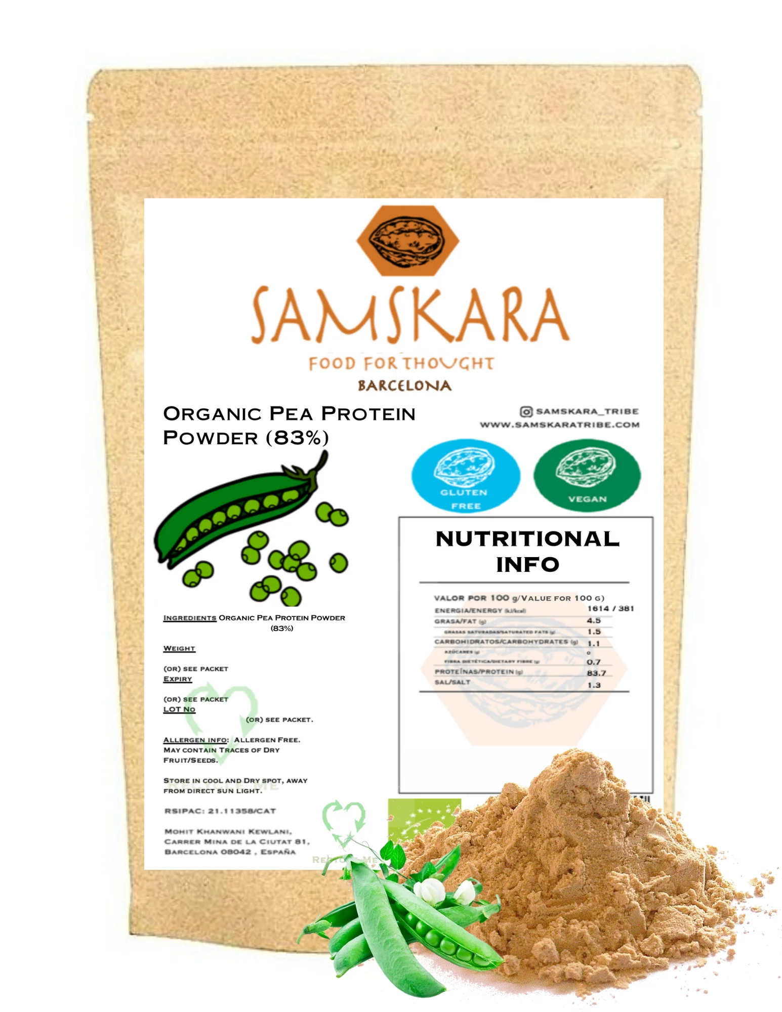 
20kg Samskara Private Label Best Biodegradable Packaging 80% Pea Origin Protein Powder 