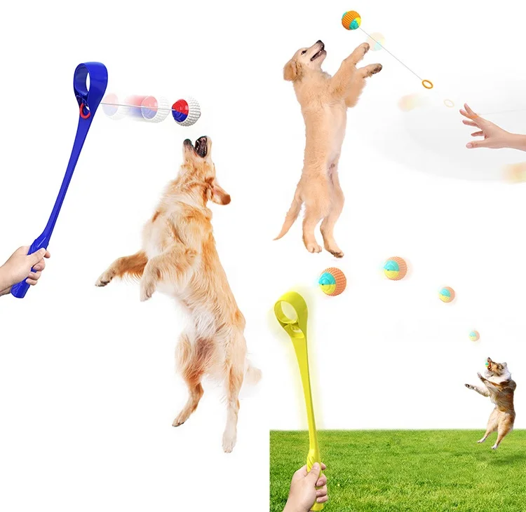 Pet Toys Dog Throwing Stick with Drawstring Ball Outdoor Training Pet Interactive Ball Launcher Toy