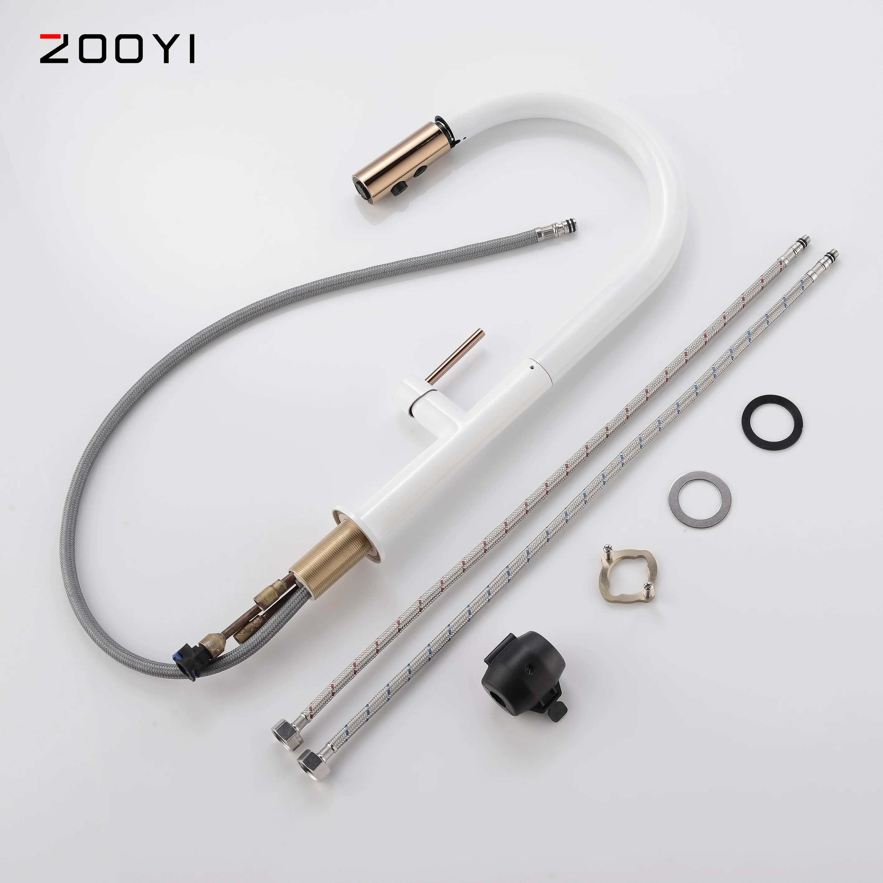 ZOOYI new designer white single handle brass pull out kitchen faucet sink with sprayer head