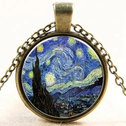 SUYAN Jewelry Factory Price Wholesale Personalized Unique Starry Night Painted Round Pendant Necklace Vintage Jewelry Necklace