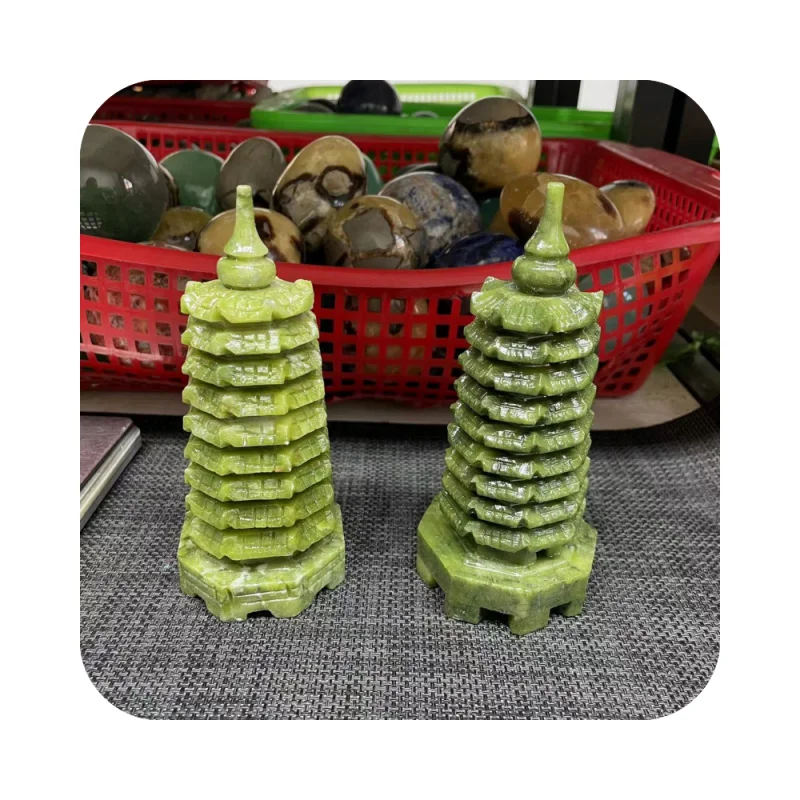 Wholesale Natural Crystal green carving Carved Crafts Green Jade Wenchang Tower Pagoda For fengshui Decoration