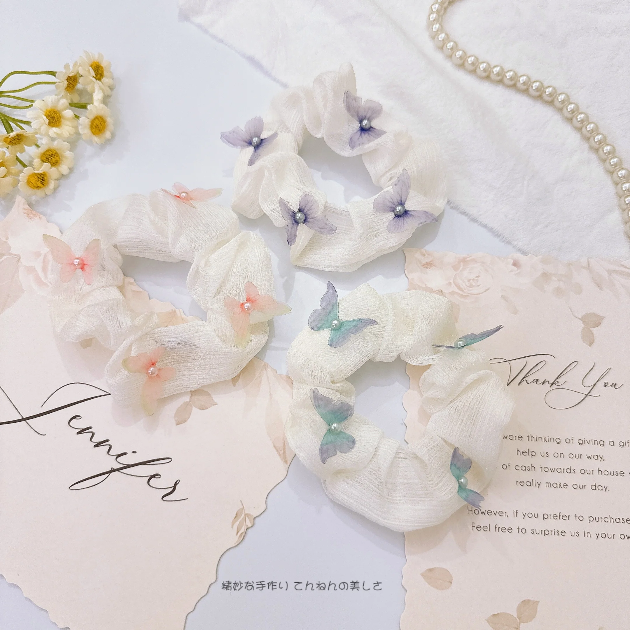 Wholesale Candy Color Butterfly Mesh Fabric Elastic Hair Band INS Sweet Cute Girls Scrunchie Fairy Style Pearl Lovely Hair Tie
