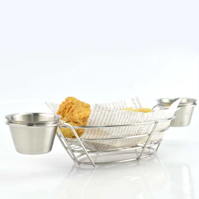Oval wire bread basket storage - metal bread holder chip server for restaurant and home-with two 4OZ sauce cups-stainless steel