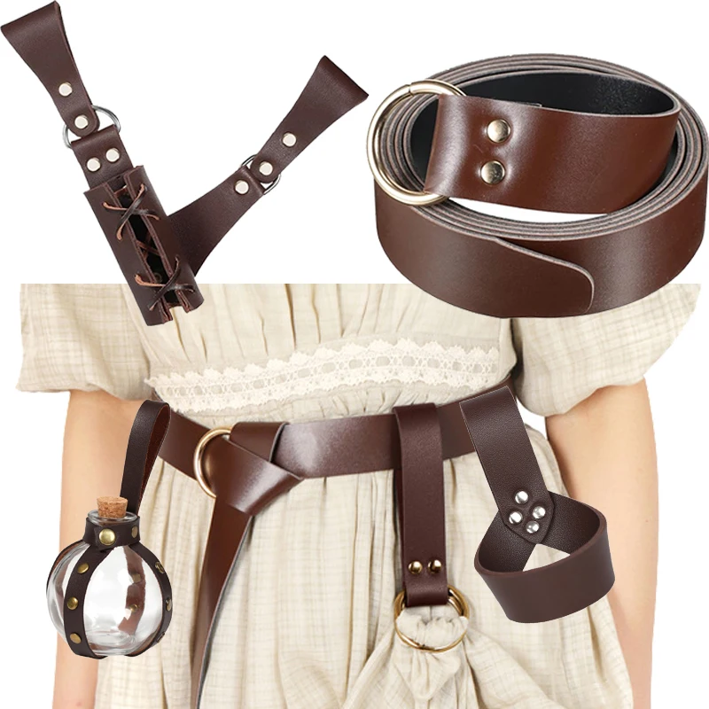 REWIN Retro O-Ring PU Leather Medieval Viking Belt Keyring Sword Holder Renaissance Knight Belt for Costume Cosplay Accessory