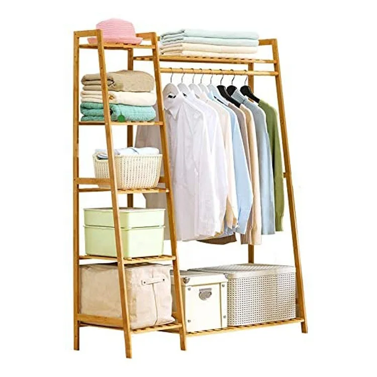 Modern 7 Tier Storage Rack Bamboo Wooden Clothes Rail Stand