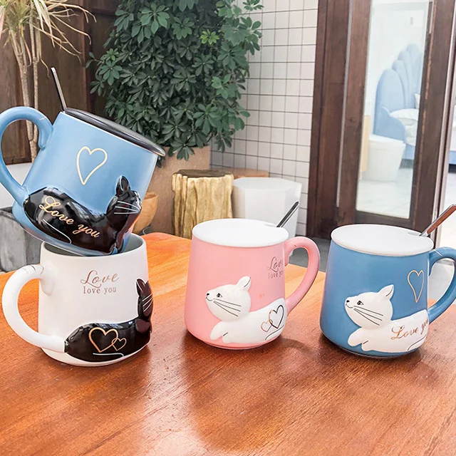  3D рельефная керамическая чашка с котом и крышкой для воды мультяшное искусство свежая мужчин женщин Студенческая кофейная