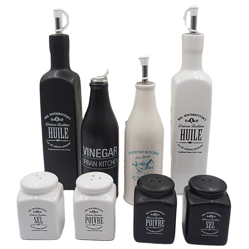 
Home hotel white and black ceramic kitchen ware porcelain vinegar olive oil dispenser bottle with Metal stand Ceramic Cruet Set 