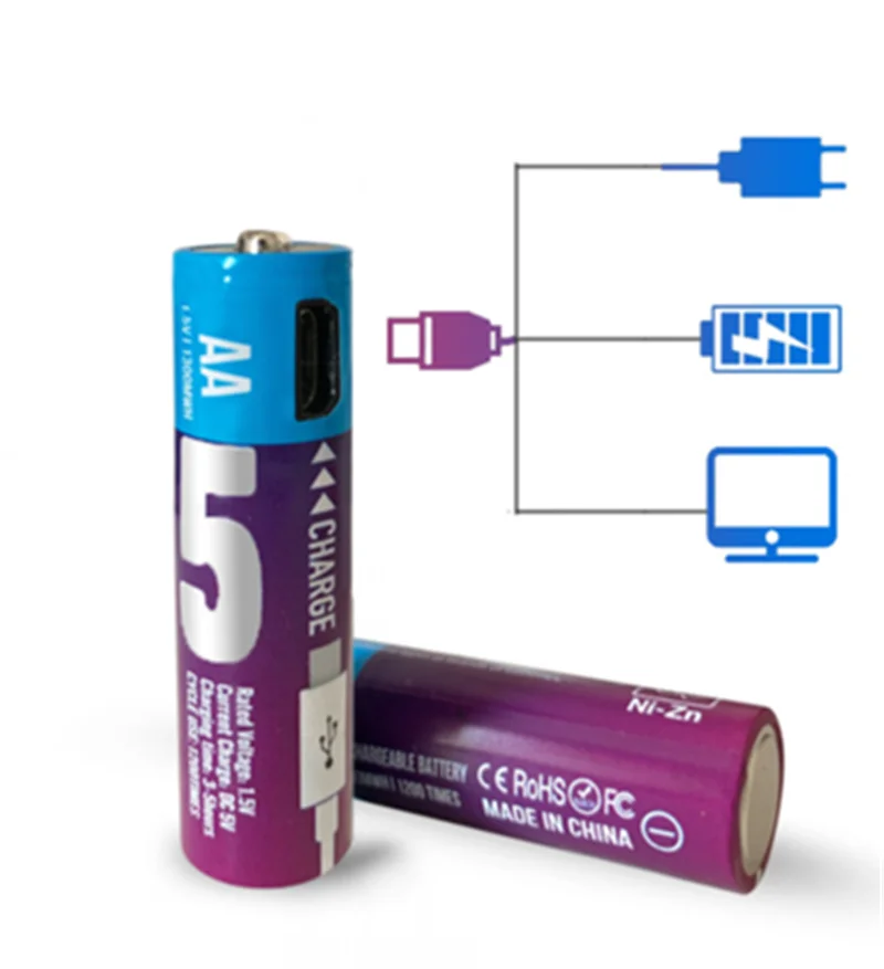 Reusable Rechargeable AA Batteries 1.2V 1.5V Micro Port Charging USB AAA Battery 4 Pack 2 Pack Set 1000mah 450mah