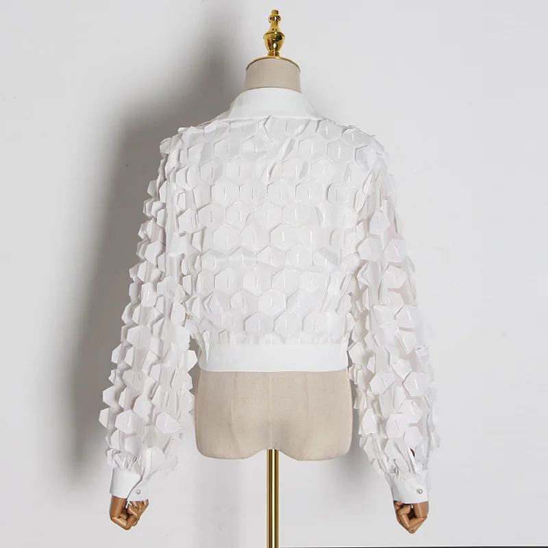  Блузка женская с воротником-стойкой ажурный кружевной топ в стиле пэчворк Элегантная Модная рубашка длинным рукавом весна